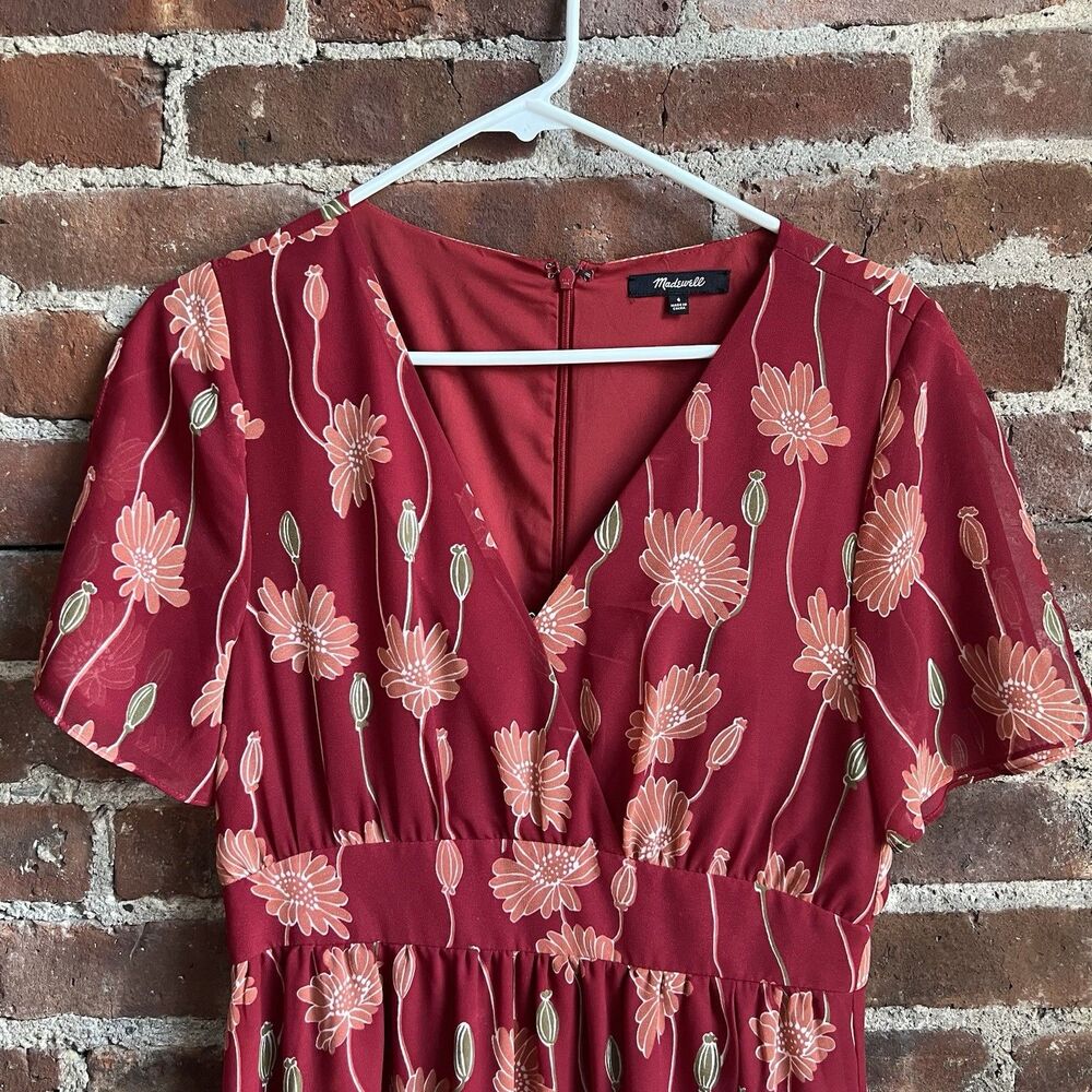 MADEWELL Tulip Sleeve Maxi Dress In Tall Sunflowers Red Chiffon Wedding Sz 4 - Picture 5 of 9